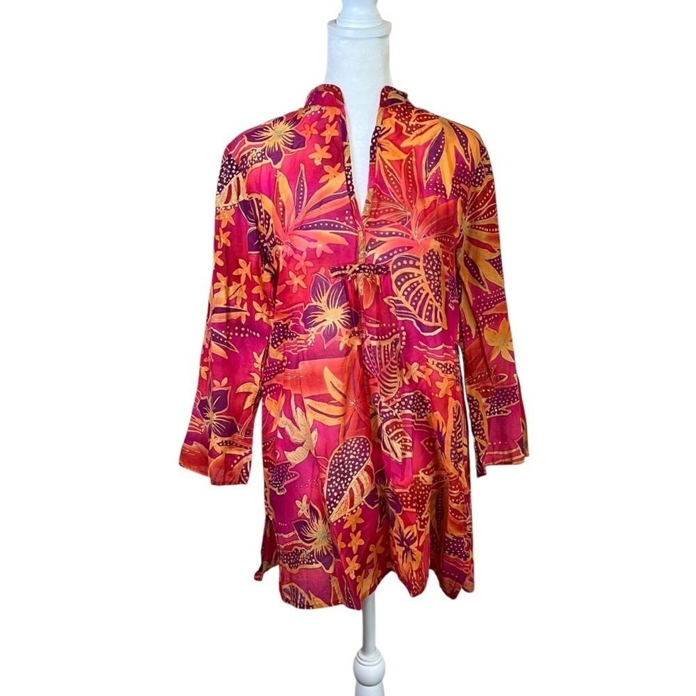 Boo Gemes Cotton Silk Tropical Flowers Pink Tunic Top Popover Women’s Size Small